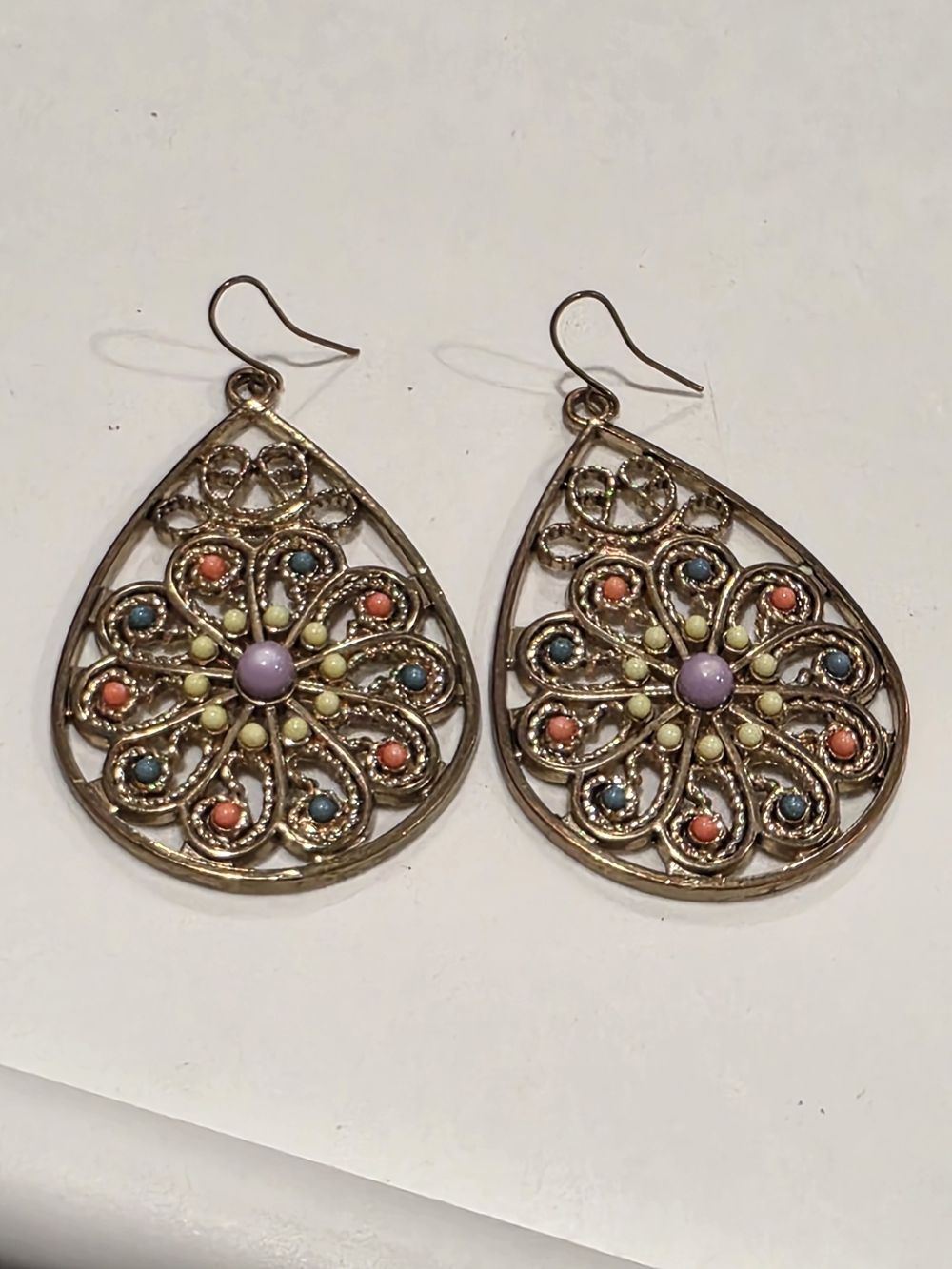 Gold-Tone Filigree Teardrop Earrings with Multicolor Stones